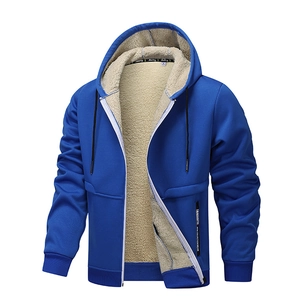 Detail of blue men hoodie showing thick warm lamb wool lining and zipper closure