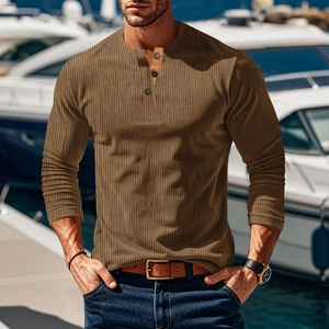 Herren Henley Hemd Langarm Rippstrick Slim Fit Lässig Knopfleiste Retro Texturiert Urban Mode Top