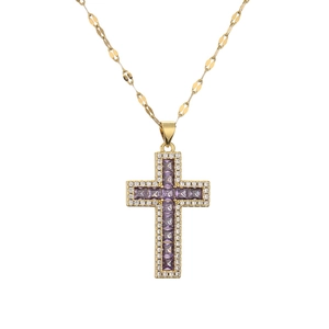 Gold cross necklace with purple square gemstone and micro zircon inlays on flat link chain