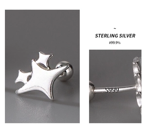 Macro shot of S999 sterling silver star stud earring with hallmarked screw back post