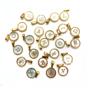 Gold round shell alphabet pendants with white pearl inlay for DIY jewelry necklaces