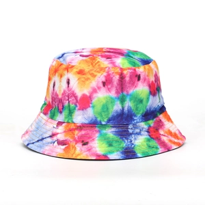 Detail of multi-color tie-dye bucket hat featuring reinforced stitching on the brim