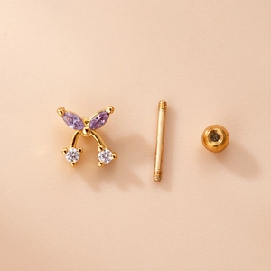 Gold bow stud earrings with purple zircons and screw back stainless steel posts