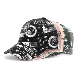 Detail showing five assorted Christmas baseball caps with festive prints and patterns