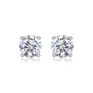 Classic 925 sterling silver four-prong stud earrings with clear round brilliant lab diamonds