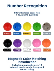 Macro detail of 10 color magnetic beads and pen for counting and sorting game