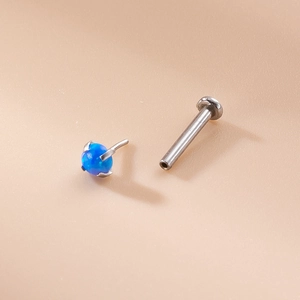 Minimalist 16G stainless steel lip stud with 3mm blue opal inlay and flat back design