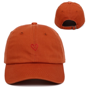 Burnt orange cotton baseball cap with red heart embroidery and adjustable metal buckle