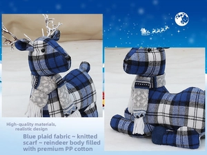 Detail of blue plaid fabric reindeer doll with knit scarf and high quality PP cotton filling
