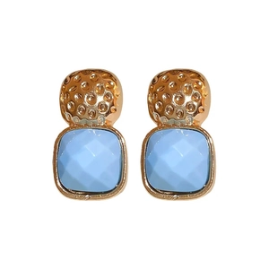Minimalist square light blue stud earrings with gold hammered metal finish for women