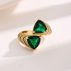 Chic gold open ring with green triangle zircons and micro-paved crystal accents