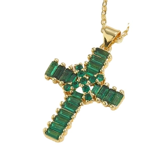 Vintage gold cross pendant necklace with emerald green zircons and dainty cable chain