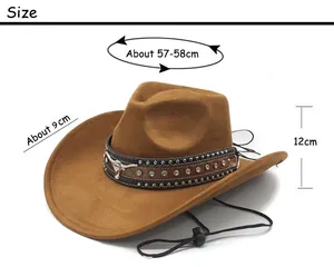 Size chart showing 57-58cm head circumference for the brown suede cowboy jazz hat