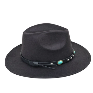 Detail view of black felt fedora hat featuring a leather band with turquoise stone inlay