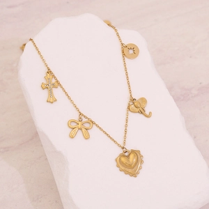 Gold titanium steel necklace with heart, bow, elephant, and cross crystal pendants