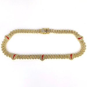 Gold plated 12mm Cuban chain featuring iced-out broken heart pendants with red lightning