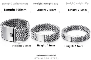 Three sizes of 304 stainless steel woven bracelets with dimensions and weights details