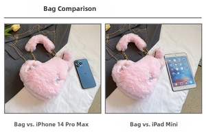 Pink heart-shaped faux fur bag shown with phone and tablet to display storage capacity