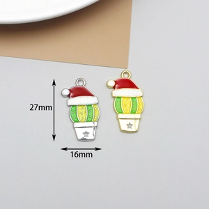 Detail view of enamel Christmas cactus charms with 27mm height and 16mm width dimensions
