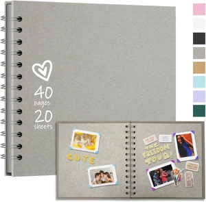 Detail of grey spiral-bound DIY scrapbook album with 40 pages for wedding and baby photos