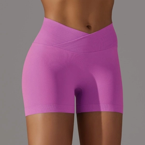 Pantaloncini da yoga senza cuciture a vita alta rosa acceso con vita incrociata a V