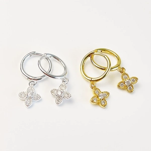 S925 sterling silver hoop earrings set with gold and silver clover zircon pendants