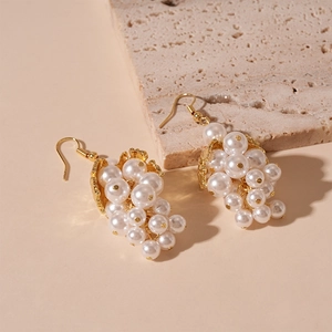French vintage baroque leaf grape pearl tassel drop earrings with golden hooks