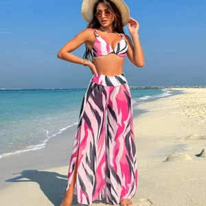 Three-piece bikini set with high-waisted wide-leg mesh cover-up pants in pink zebra print