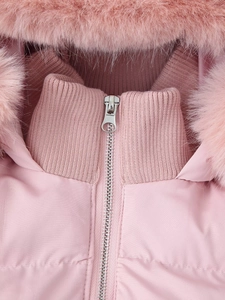 Detail shot of the pink puffer jacket featuring a warm fur hood and ribbed knit collar