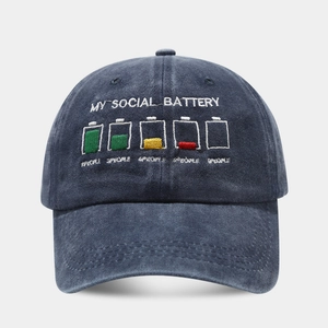 Navy blue washed baseball cap featuring funny MY SOCIAL BATTERY embroidery and battery icons