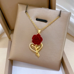 Luxurious titanium steel necklace with red flocked rose heart pendant and zircon accents