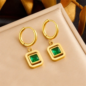 Vintage Stainless Steel Drop Hoop Earrings With Square Emerald Green Gemstone Gold Plated Geometric Jewelry For Women