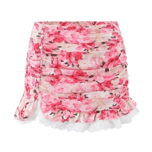 Floral print mini skirt with side buttons, tiered ruffles and white lace trim detail