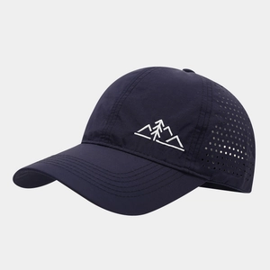 Quick-dry navy blue baseball cap with mountain embroidery and laser-cut ventilation holes