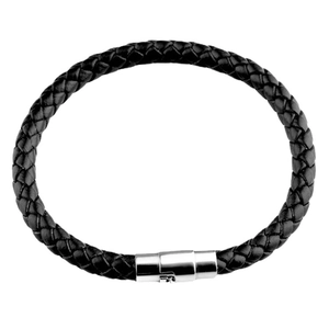 Handmade black braided leather bracelet for men featuring a polished silver magnetic clasp