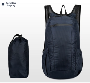 Deep blue foldable backpack showing compact storage form and lightweight open view