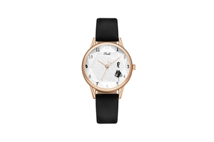 Vista dettagliata dell'orologio al quarzo da donna con cinturino in pelle nera e quadrante