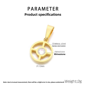 Detailed close-up of hollow round gold pendant with sparkling center rhinestone