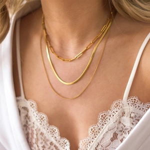 Close-up of gold layered necklace set with paperclip, snake, and fine chains on neck