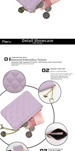 Detail view of purple quilted PU leather coin purse with golden zipper and logo charm