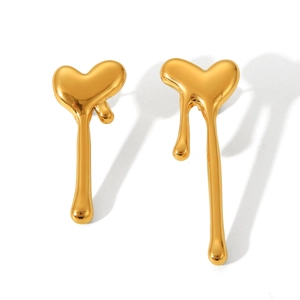 Polished 18k gold stainless steel melting heart studs with liquid metal flowing effect