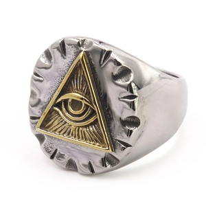 Vintage stainless steel ring for men featuring golden All-Seeing Eye triangle symbol