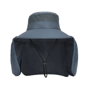 Deep grey outdoor fishing hat with extra wide brim, mesh vents and long neck sun protection flap