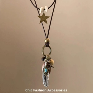 Détail des pendentifs plume et turquoise sur un collier en cordon de cuir