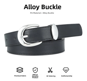 Close-up of black PU leather belt featuring a polished silver oval alloy buckle