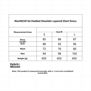 Detailed size chart for the mini dress featuring bust, waist, and hip measurements