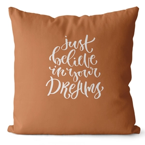 Detail of terracotta cotton linen pillow cover with white artistic typography print