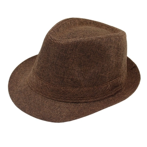 Close-up of brown textured burlap weave material on a classic Trilby jazz hat