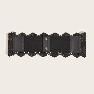 Elastic black lace waist cincher with decorative metal snap buttons and mesh fabric