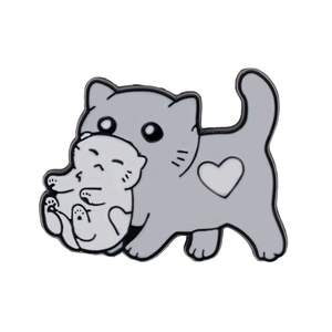 Cute gray cat carrying white kitten enamel pin with heart motif on a white background